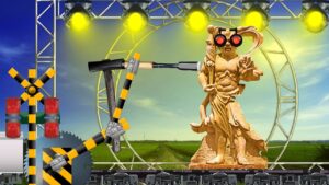 踏切 アニメ / 照明演出されたステージで仁王像と盆栽 / Bonsai & Nio statue with lighting show / Railroad Crossing